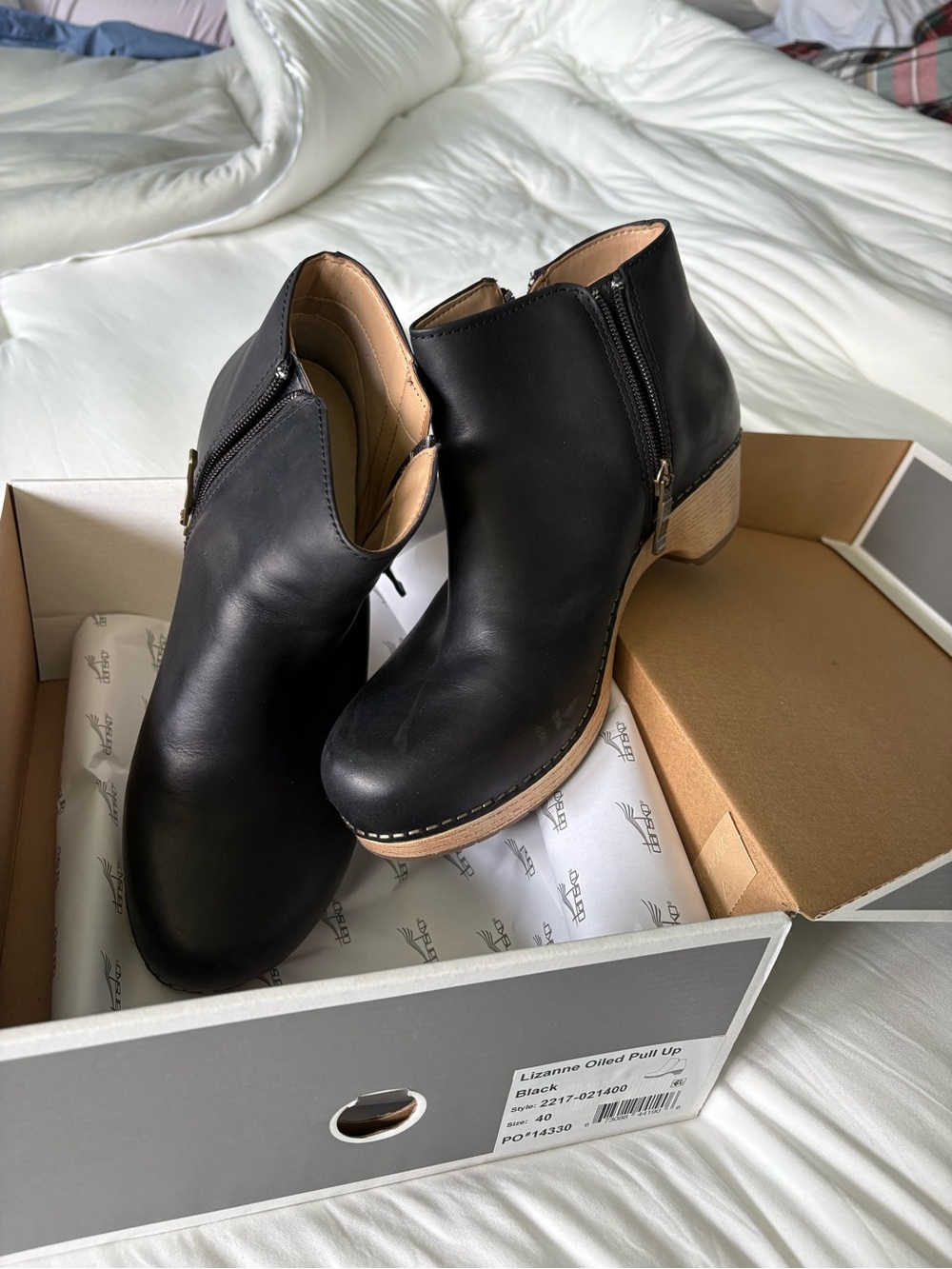 Dansko Black Leather Side-Zip Ankle Booties with Light Wood-Tone Heel